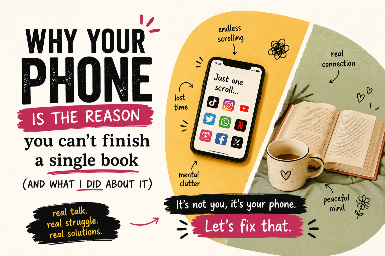 phone addiction vs reading habit comparison showing digital distraction and focus on books