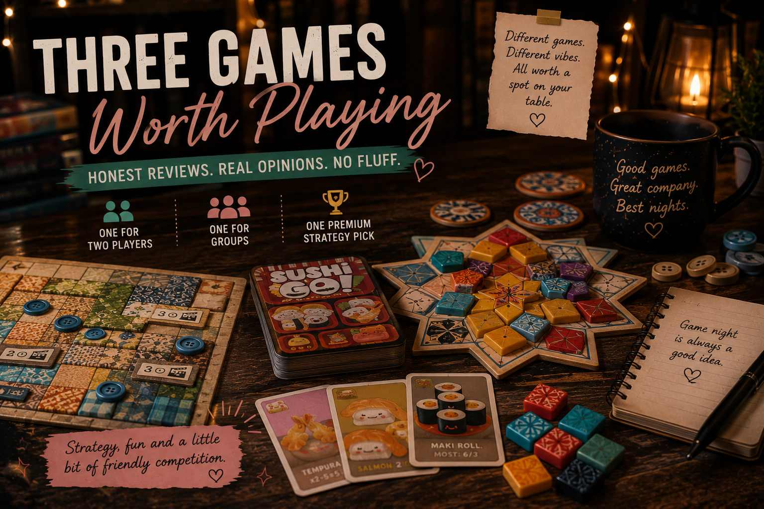 Three Games Worth Playing – Honest Reviews of Patchwork, Sushi Go Party and Azul: Summer Pavilion